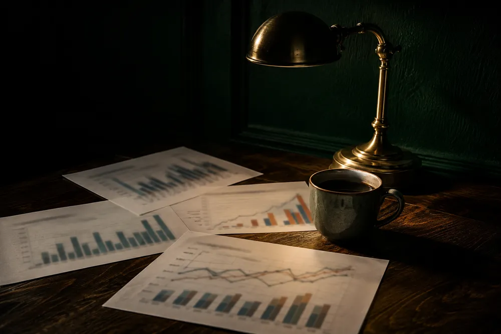 Mesa de trabajo con notas y una lámpara de latón encendida durante una sesión nocturna